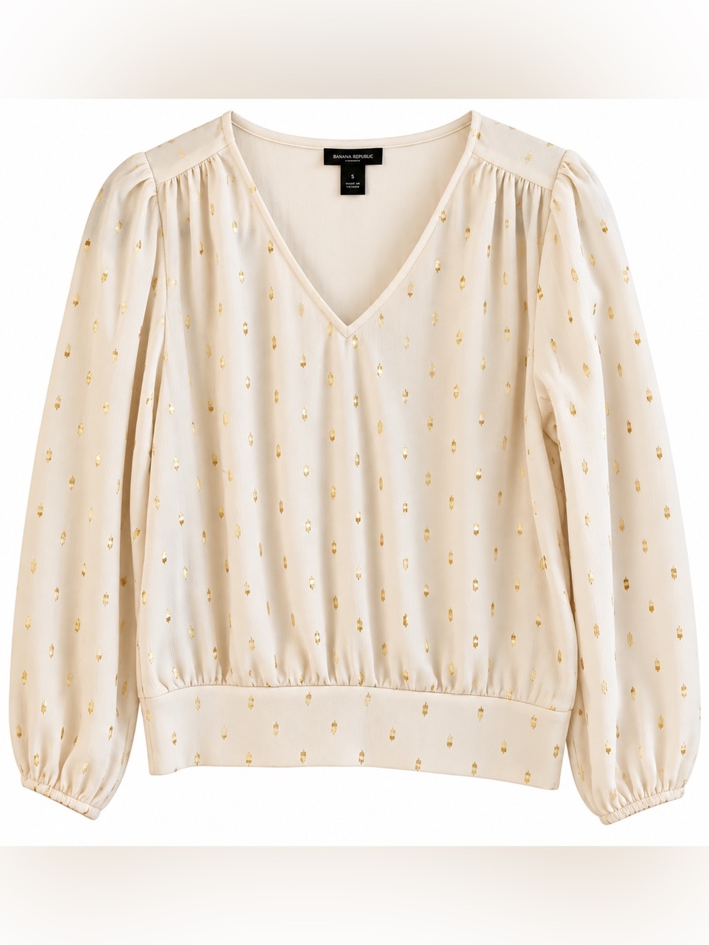 Ann Taylor Factory White Gold Foil Diamond Blouse V-Neck Sz S